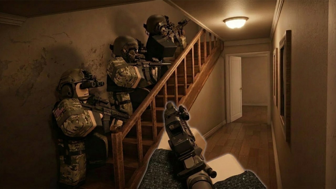 SWAT stack on a stairwell aiming rifles down a hallway in Tactical Swat Simulator