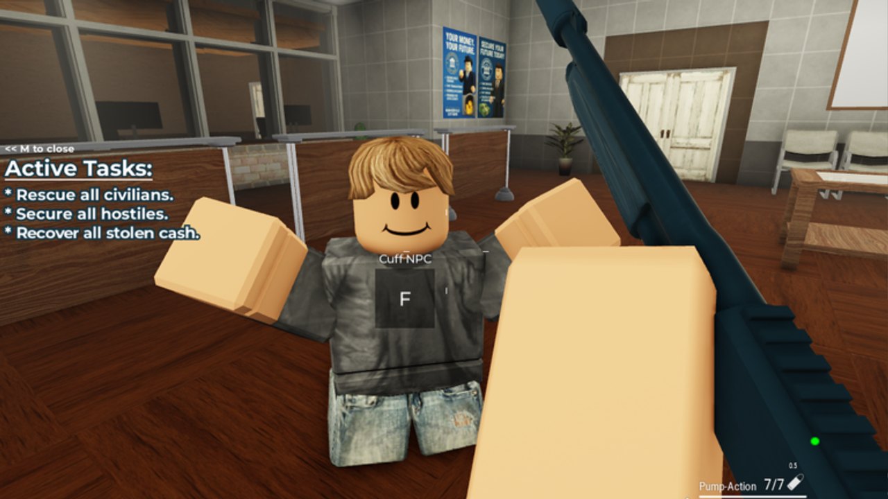 First-person view cuffing a suspect in a bank lobby with Active Tasks on screen